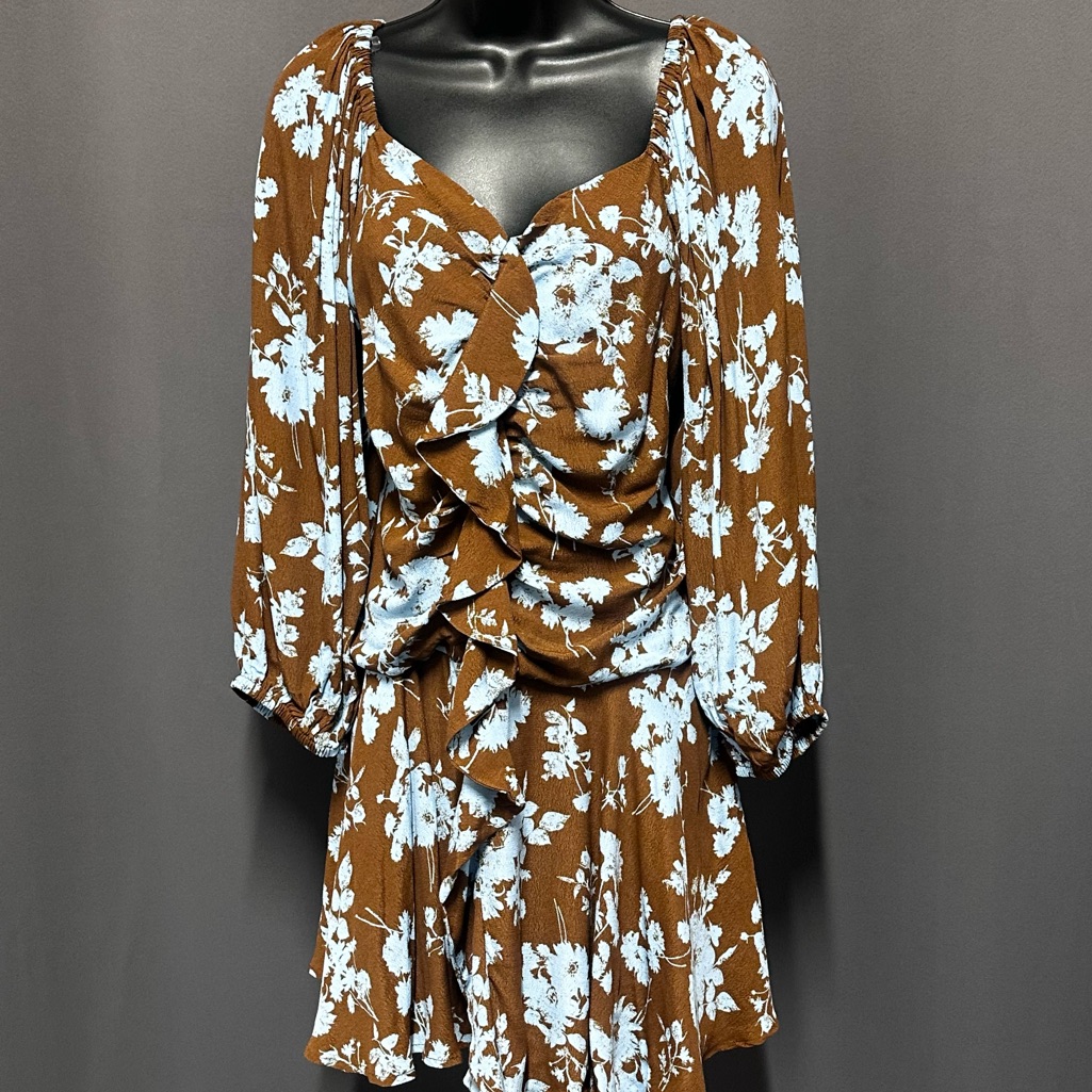 Feminine Boutique Nwt Flowy Ruched Floral Easel Ruffled Blue & Brown Mini Dress